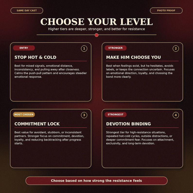 May include: A dark red informational chart titled CHOOSE YOUR LEVEL with four numbered boxes. Each box lists a service tier: ENTRY STOP HOT & COLD, STRONGER MAKE HIM CHOOSE YOU, MOST CHOSEN COMMITMENT LOCK, and STRONGEST DEVOTION BINDING with descriptions.