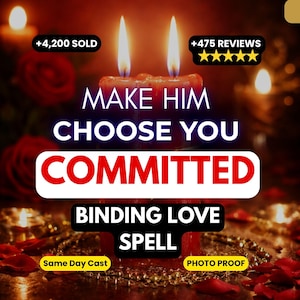 May include: Two red pillar candles with lit flames, surrounded by scattered red rose petals and gold beads. Text overlays read: +4,200 SOLD, +475 REVIEWS, MAKE HIM CHOOSE YOU COMMITTED, BINDING LOVE SPELL, Same Day Cast, and PHOTO PROOF.