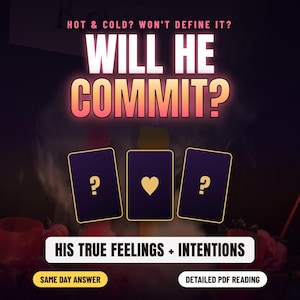 Pode incluir: Um gráfico digital com o texto "HOT & COLD? WON'T DEFINE IT? WILL HE COMMIT?" sobre três cartas roxo-escuras com bordas douradas. As cartas externas exibem um ponto de interrogação dourado, a central um coração dourado. Abaixo, lê-se "HIS TRUE FEELINGS + INTENTIONS", "SAME DAY ANSWER" e "DETAILED PDF READING".