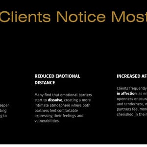K&ouml;nnte beinhalten: Eine schwarze Infografik mit goldenem Text unter dem Titel What Clients Notice Most First. Sie listet drei Hauptvorteile auf: Improved Communication, Reduced Emotional Distance und Increased Affection, jeweils gefolgt von einem beschreibenden Text.