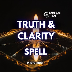 Op de afbeelding: Een kaarsvlam brandt boven een gebroken spiegel, met de woorden "TRUTH & CLARITY SPELL" in wit en blauw. De afbeelding bevat de tekst "PHOTO PROOF" en een "24"-uurs icoon met de woorden "SAME DAY CAST".