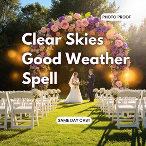 Könnte beinhalten: Eine Hochzeitszeremonie mit einem Blumenschmuck aus rosa, lila und weißen Blumen. Weiße Stühle säumen einen grasbewachsenen Gang. Der Text auf dem Bild lautet "Clear Skies Good Weather Spell" und "Same Day Cast."