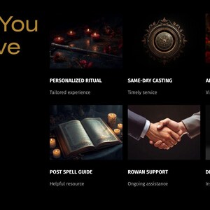 K&ouml;nnte beinhalten: Eine schwarze Infografik mit dem Titel What You Receive, die sechs Bereiche zeigt: Personalized Ritual mit Kerzen, Same-Day Casting mit einem kreisf&ouml;rmigen Emblem, Altar Photo mit einer Kamera, Post Spell Guide mit einem aufgeschlagenen Buch, Rowan Support mit einem H&auml;ndedruck und Digital Delivery mit einem Computermonitor.