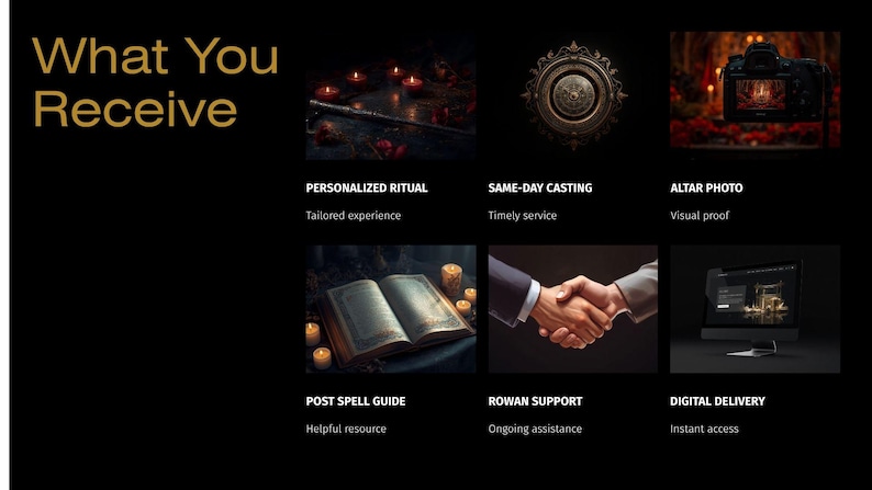 K&ouml;nnte beinhalten: Eine schwarze Infografik mit dem Titel What You Receive, die sechs Bereiche zeigt: Personalized Ritual mit Kerzen, Same-Day Casting mit einem kreisf&ouml;rmigen Emblem, Altar Photo mit einer Kamera, Post Spell Guide mit einem aufgeschlagenen Buch, Rowan Support mit einem H&auml;ndedruck und Digital Delivery mit einem Computermonitor.