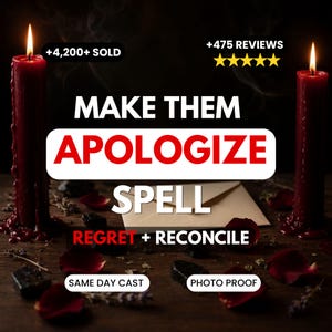 Op de afbeelding: Een promotieafbeelding met twee brandende rode kaarsen en de tekst "MAKE THEM APOLOGIZE SPELL". De tekst bevat "REGRET + RECONCILE", "SAME DAY CAST" en "PHOTO PROOF". Rozenblaadjes en een envelop zijn ook zichtbaar.