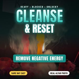 Puede incluir: Dos velas con forma humana, una roja y otra amarilla, se encuentran entre humo. El texto dice: HEAVY BLOCKED UNLUCKY CLEANSE & RESET, REMOVE NEGATIVE ENERGY, SAME DAY CAST y REAL ALTAR PHOTO. La escena es oscura con detalles florales.