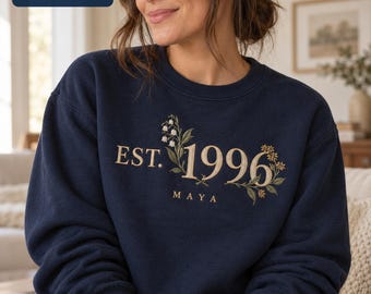 Personalisiertes Sweatshirt mit Geburtsjahr-Stickerei, Geburtsblumen-Rundhalsausschnitt, ideales Geschenk zum 30., 40., 50. oder 60. Geburtstag für sie