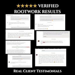 Puede incluir: Un collage digital con cinco estrellas doradas y el texto Verified Rootwork Results en la parte superior, seguido de varias capturas de pantalla de mensajes de clientes de Etsy y el texto Real Client Testimonials al final.