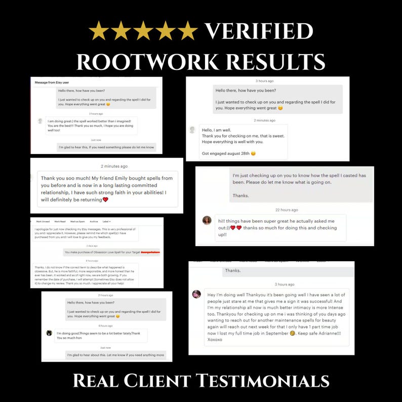 Puede incluir: Un collage digital con cinco estrellas doradas y el texto Verified Rootwork Results en la parte superior, seguido de varias capturas de pantalla de mensajes de clientes de Etsy y el texto Real Client Testimonials al final.