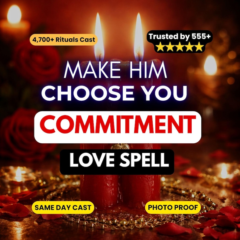 K&ouml;nnte beinhalten: Zwei rote Kerzen mit brennenden Dochten, umgeben von roten Rosenbl&auml;ttern und goldenen Perlen. Der Text lautet: 4,700+ Rituals Cast, Trusted by 555+, MAKE HIM CHOOSE YOU COMMITMENT LOVE SPELL, SAME DAY CAST, PHOTO PROOF. Die Szene ist warm beleuchtet.