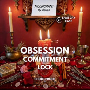 以下が含まれることがあります： ろうそく、クリスタルボール、聖杯が置かれた神秘的なシーン。テキスト「OBSESSION COMMITMENT LOCK」が大きく表示されています。画像には「MOONCHANT By Rowan」と「PHOTO PROOF」の文字も含まれています。