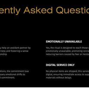 K&ouml;nnte beinhalten: Eine schwarze Informationsgrafik mit goldenem Text mit dem Titel Frequently Asked Questions. Sie listet vier Kategorien auf: Avoidant Partner, Emotionally Unavailable, No Contact und Digital Service Only, jeweils mit einem kurzen erkl&auml;renden Absatz.
