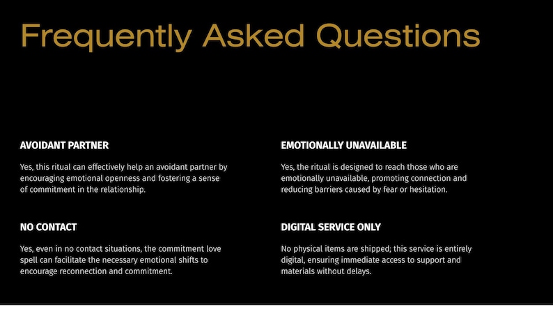 K&ouml;nnte beinhalten: Eine schwarze Informationsgrafik mit goldenem Text mit dem Titel Frequently Asked Questions. Sie listet vier Kategorien auf: Avoidant Partner, Emotionally Unavailable, No Contact und Digital Service Only, jeweils mit einem kurzen erkl&auml;renden Absatz.