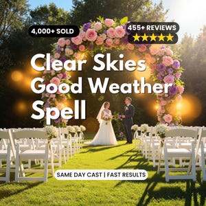 May include: A wedding ceremony scene with a floral archway and rows of white chairs. The text "Clear Skies Good Weather Spell" is displayed. A bride and groom stand under the arch. The image also shows "4,000+ SOLD" and "455+ REVIEWS".