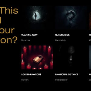 K&ouml;nnte beinhalten: Eine schwarze Grafik mit dem goldenen Text Does This Sound Like Your Situation? und sechs Bildern: eine weggehende Person, ein Fragezeichen, eine Uhr, ein von roten Kerzen umgebenes Vorh&auml;ngeschloss, ein schattiges Gesicht und ein schwarzes Kabelkn&auml;uel.