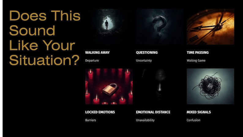K&ouml;nnte beinhalten: Eine schwarze Grafik mit dem goldenen Text Does This Sound Like Your Situation? und sechs Bildern: eine weggehende Person, ein Fragezeichen, eine Uhr, ein von roten Kerzen umgebenes Vorh&auml;ngeschloss, ein schattiges Gesicht und ein schwarzes Kabelkn&auml;uel.