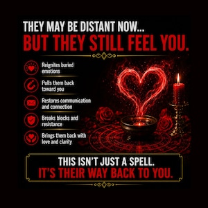 以下が含まれることがあります： 黒い背景に赤い文字で「THEY MAY BE DISTANT NOW... BUT THEY STILL FEEL YOU」と書かれた画像。5つの箇条書きアイコン、光る赤いハートの形、金色の燭台に立てられた赤いキャンドル、赤いバラ、そして円形の赤い儀式用シールが描かれています。