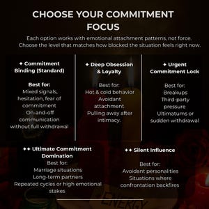 May include: A graphic with the text "CHOOSE YOUR COMMITMENT FOCUS" and options for commitment levels. The options include Commitment Binding, Deep Obsession & Loyalty, Urgent Commitment Lock, Ultimate Commitment Domination, and Silent Influence.