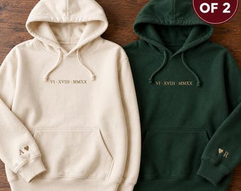 Partner-Hoodies, 2er-Set, personalisierte Sweatshirts mit römischen Ziffern, gesticktes Jahrestagsdatum – das perfekte Geschenk für Sie und Ihn