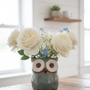 Vase hibou rustique en céramique - joli porte-stylo hibou, organisateur de bureau vintage, pot de plante hibou, porte-pinceau, décoration boisée