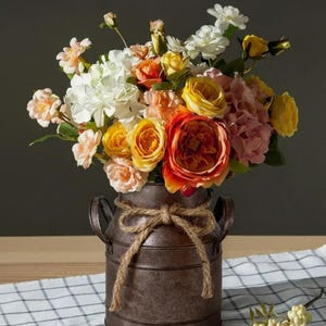 Farmhouse Metal Vase Bucket, Rustic Flower Pot, Vintage Planter, Kitchen Utensil Holder, Country Style Decor