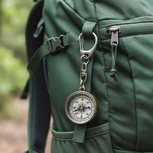 K&ouml;nnte beinhalten: Ein Messingkompass, der an einem dunkelgr&uuml;nen Rucksack befestigt ist. Der Kompass hat ein wei&szlig;es Zifferblatt mit schwarzen Richtungsmarkierungen. Der Rucksack ist dunkelgr&uuml;n und hat einen Rei&szlig;verschluss und Riemen.