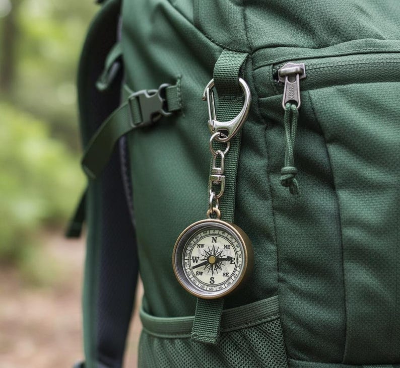 K&ouml;nnte beinhalten: Ein Messingkompass, der an einem dunkelgr&uuml;nen Rucksack befestigt ist. Der Kompass hat ein wei&szlig;es Zifferblatt mit schwarzen Richtungsmarkierungen. Der Rucksack ist dunkelgr&uuml;n und hat einen Rei&szlig;verschluss und Riemen.
