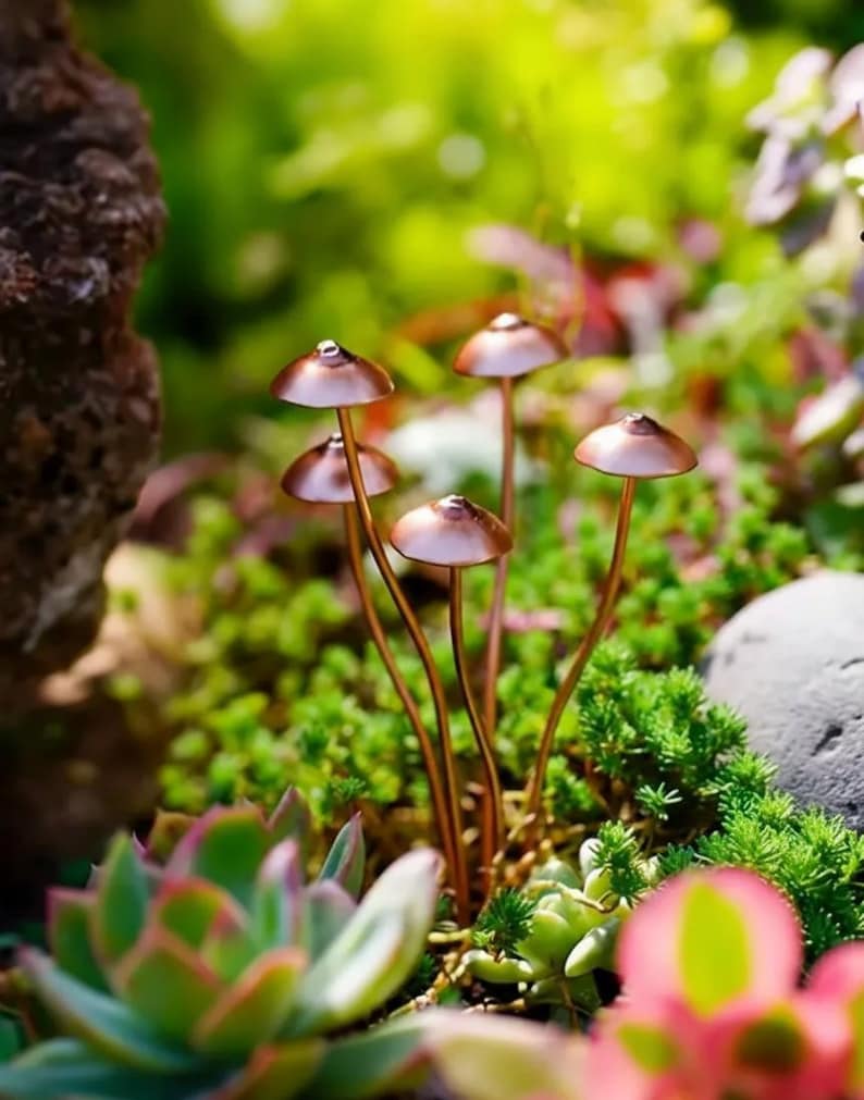 May include: Close-up of a miniature garden scene featuring several copper-colored mushroom sculptures. The mushrooms have rounded caps and slender stems, set amidst a variety of green plants and succulents. The scene is bathed in natural light.