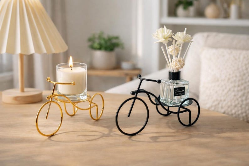 Metal Bicycle Decor Ornament, Vintage Bike Figurine, Minimalist Bicycle Sculpture, Desk Shelf Decoration, Candle Diffuser Holder Cycle Lover image 1