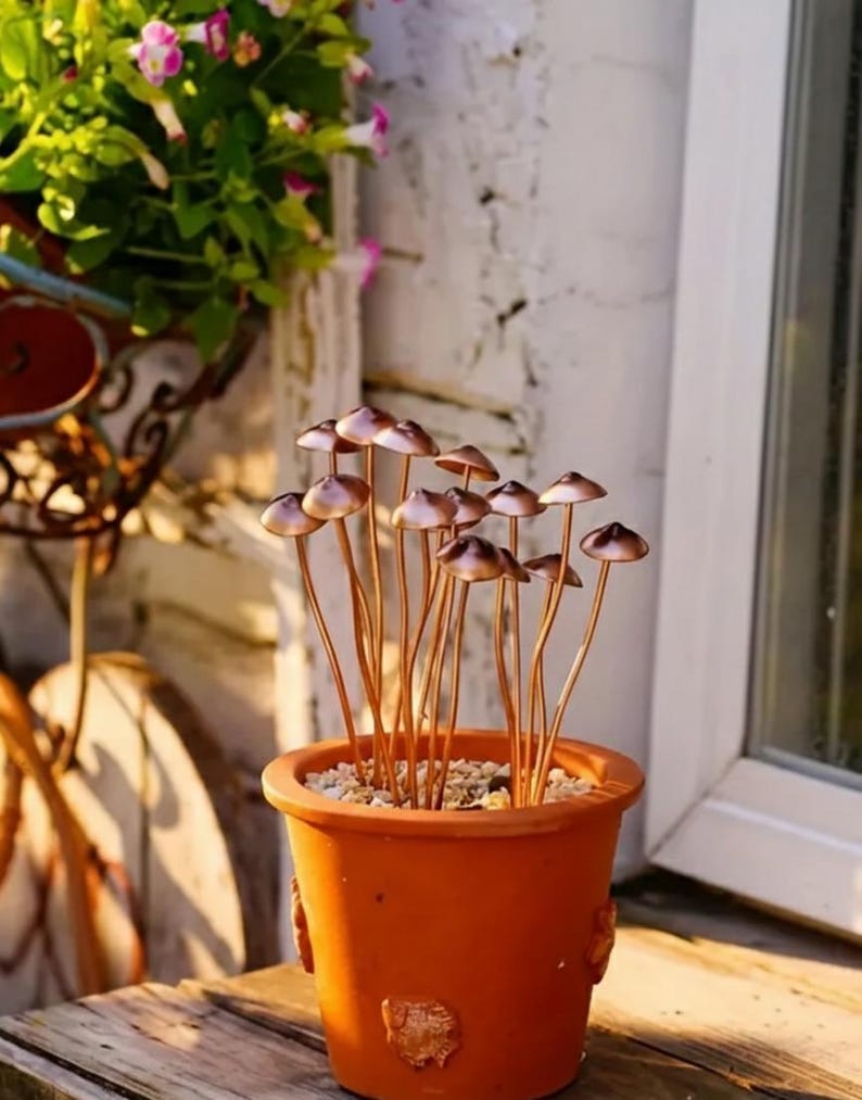 May include: An orange terracotta pot filled with small, copper-colored mushroom sculptures. The mushrooms have slender stems and rounded caps. The pot sits on a wooden surface, with a white brick wall and a window in the background. A decorative garden accent.