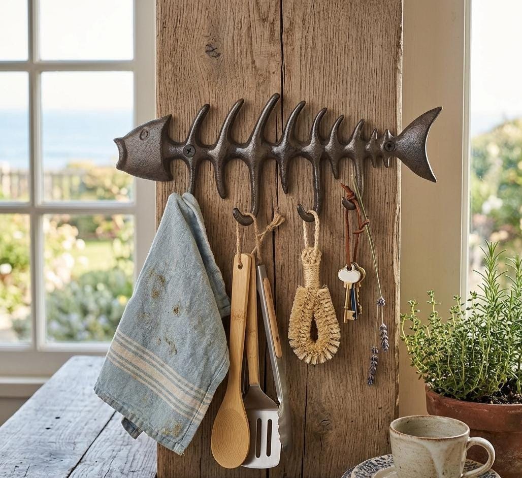 Fish Bone Wall Hook Rack, Nautical Key Holder, Metal Coat Multi Hook ...