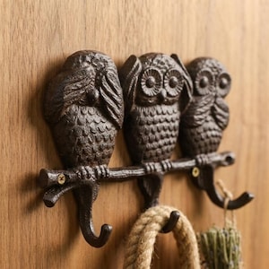 May include: A cast iron wall hook with three owl figures in the "see no evil, hear no evil, speak no evil" poses. The owls are perched on a branch. The hook is dark brown and mounted on a wooden surface.