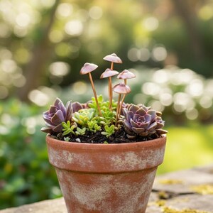 May include: A terracotta pot filled with succulents and decorative mushroom accents. The succulents are a mix of green and purple hues, and the mushrooms have copper-colored caps. The pot sits on a stone surface with a blurred green background.