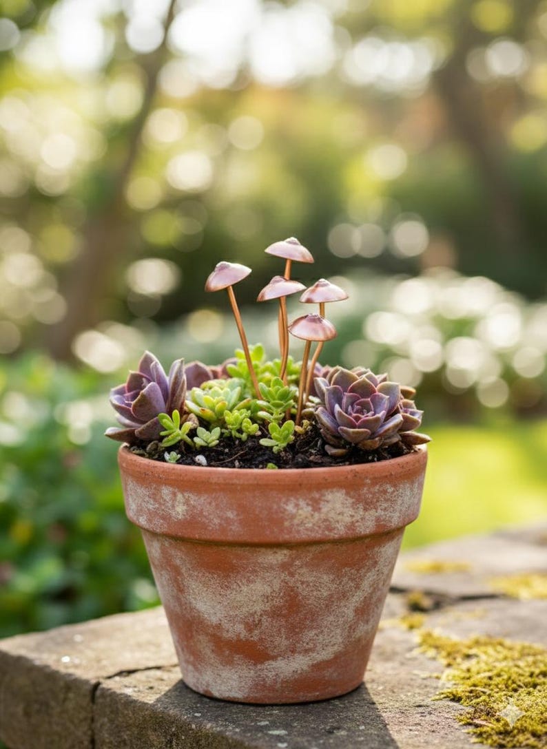 May include: A terracotta pot filled with succulents and decorative mushroom accents. The succulents are a mix of green and purple hues, and the mushrooms have copper-colored caps. The pot sits on a stone surface with a blurred green background.