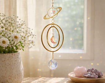 Celestial Planet Sun Catcher Crystal Prism – Saturn Moon Window Hanging, Galaxy Decor, Boho Astrology Gift, Rainbow Light Catcher