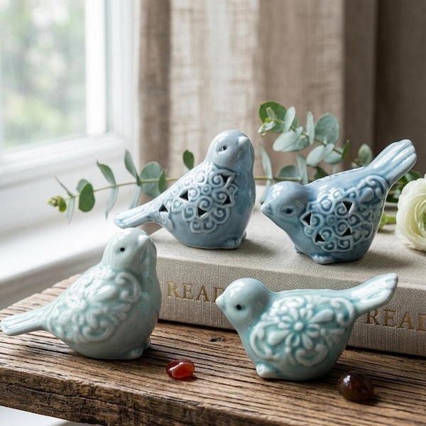 Ceramic Bird Figurines Set of 2, Blue Green Bird Decor, Cute Shelf Decor, Embossed Farmhouse Decor, Small Bird Statues, Home Decor Gift