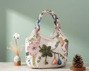 Bohemian Floral Tote Bag Hand Woven Rope Handbag with Pom Pom Women’s Elegant Boho Purse Canvas Shoulder Bag