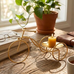 May include: A gold-colored metal bicycle-shaped candle holder with a lit yellow candle. The candle holder has two large wheels and a small platform for the candle. A potted plant and a pair of glasses are in the background.