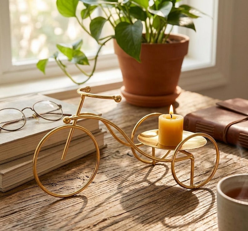 May include: A gold-colored metal bicycle-shaped candle holder with a lit yellow candle. The candle holder has two large wheels and a small platform for the candle. A potted plant and a pair of glasses are in the background.