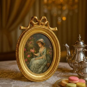 May include: An oval, gold-framed painting of a woman in a garden, holding pink roses. The frame has a decorative bow at the top. Silver tea set and a plate of macarons are on a lace tablecloth.