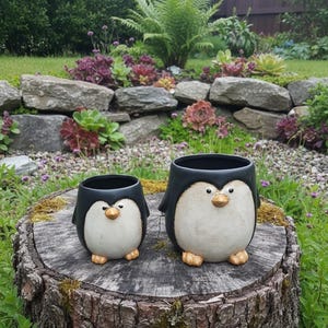 Puede incluir: Dos macetas de cerámica con forma de pingüino, una pequeña y otra grande, sobre un tocón de árbol. Las macetas son negras con vientres blancos, patas doradas y pico dorado. El fondo muestra un jardín con un muro de piedra y plantas.