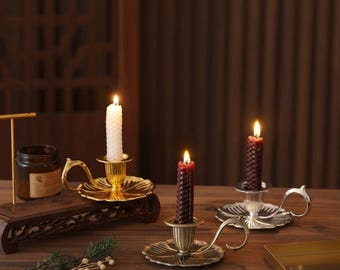 Vintage Brass Finish Handheld Gold Silver Bronze Candle Holder with Handle, Antique Style Metal Chamberstick, Rustic Table Candle Decor