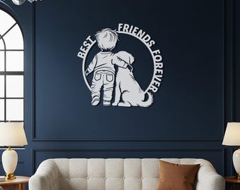 Custom Best Friends Forever Metal Wall Art – Personalized Child and Dog Silhouette Design for Kids Room, Nursery, Family Space & Gift