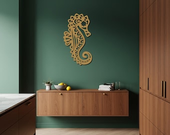 Seahorse Metal Wall Art Decor – Nautisch zeepaardjeontwerp, kust oceaan muurkunst voor woonkamer, balkon, strandhuis en modern interieur