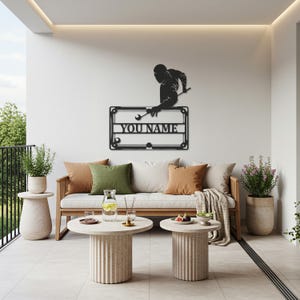 Custom Billiards Metal Wall Art – Personalized Pool Player Sign with Name Plate, Game Room and Bar Decor for Sports Enthusiasts