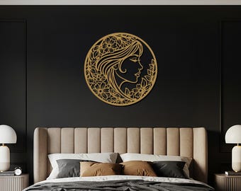 Floral Woman Metal Wall Art with Female Silhouette – Elegant Round Metal Decor for Living Room, Bedroom, Entryway & Modern Home Interior