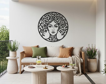 Floral Woman Metal Wall Art – Elegant Female Face with Botanical Hair, Modern Feminine Wall Decor for Living Room & Contemporary Homes