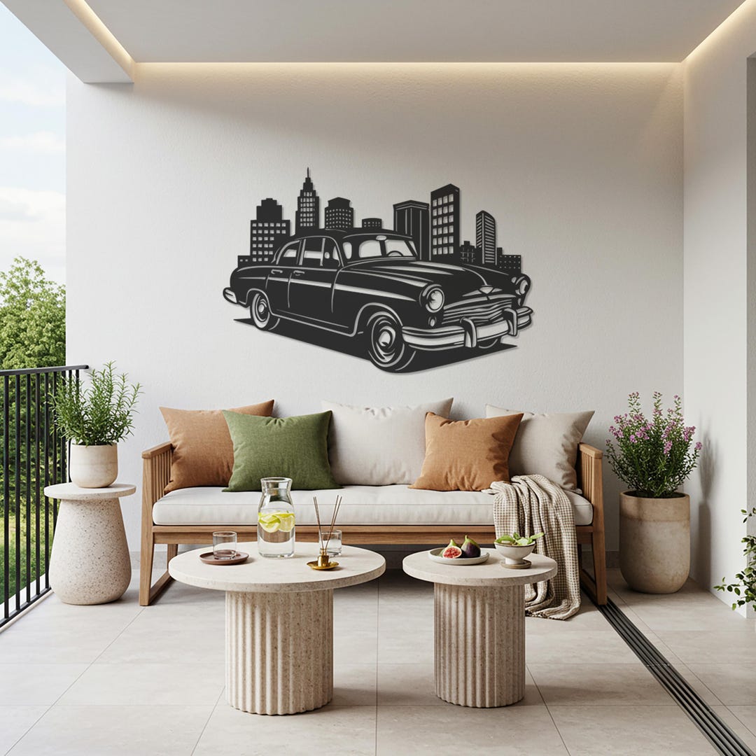 Photo inspiration: Urban Industrial Style Wall Decor Reference: Classic Car Cityscape Metal Wall Art Retro Vintage Car Silhouette