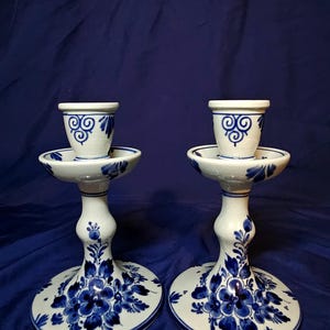 Pair of Vintage Hand Painted Delft Candlestick Holders