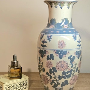 Vintage Tall Pink and Blue Floral Chinoiserie Vase
